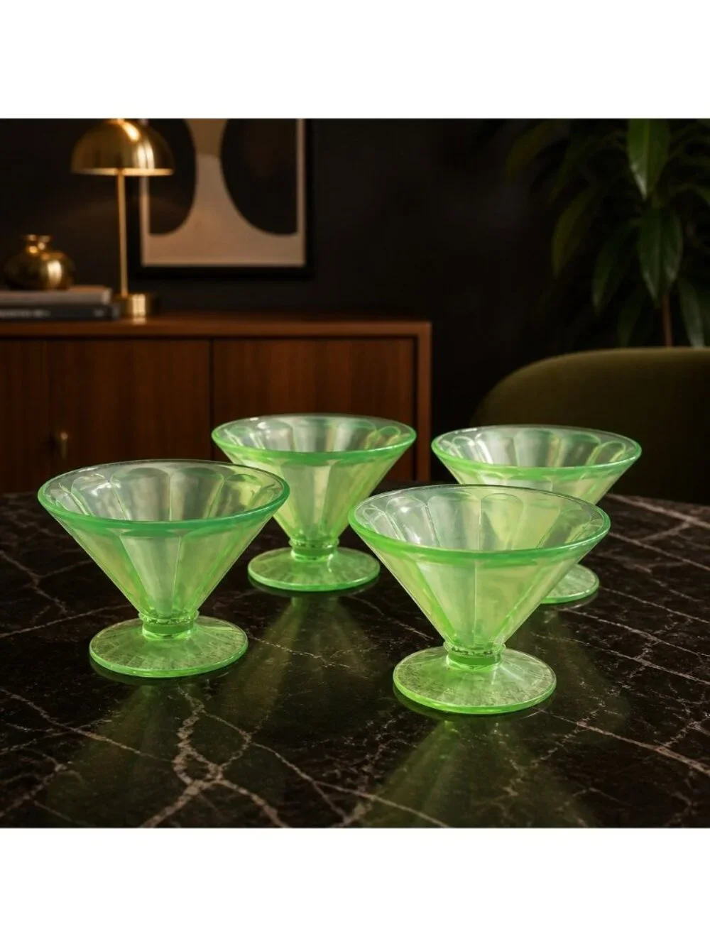 Set Of 4 Vintage Depression Glass Green Uranium Sherbet Cups